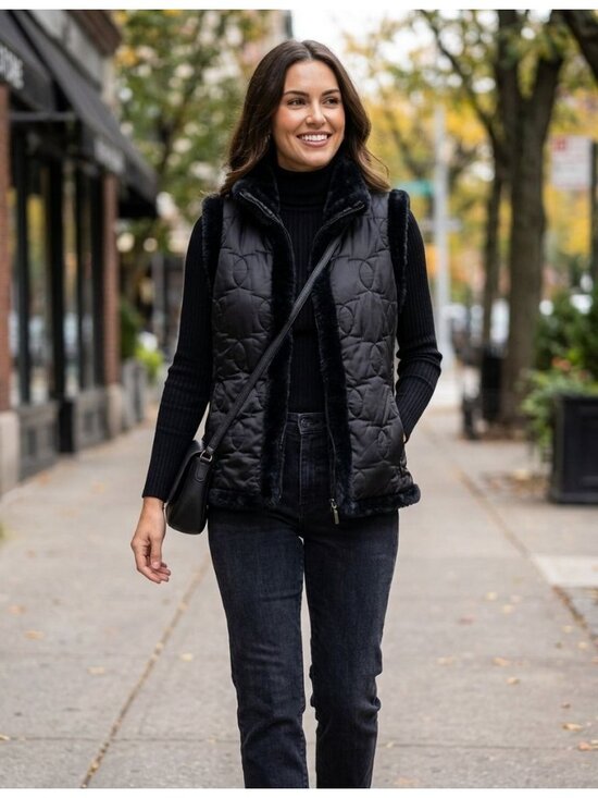 New York & Company Jackets & Blazers - New York & Company Reversible Quilted Faux Fur Puffer Vest Size Medium Black